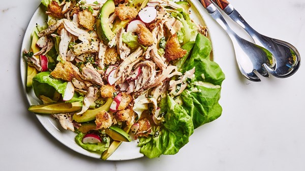 Rotisserie chicken salad with charred scallion dressing