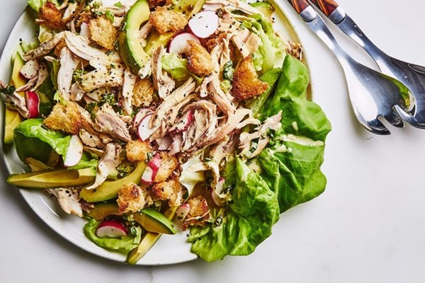 Rotisserie chicken salad with charred scallion dressing