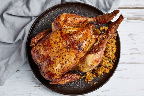  Rotisserie chicken with apricot, pine nut and freekeh stuffing