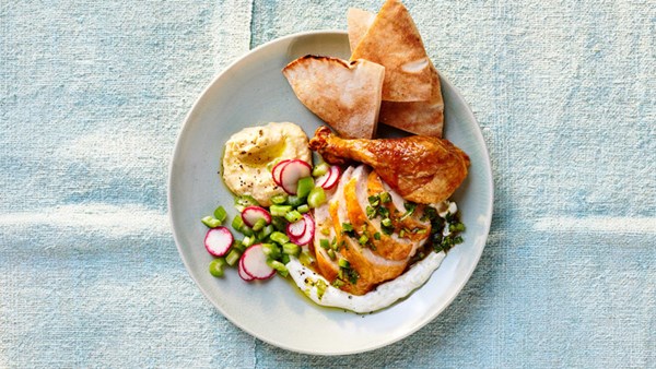 Rotisserie chicken with yogurt sauce and herb relish