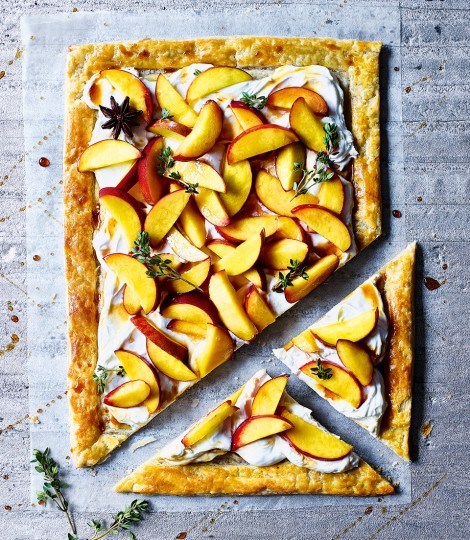 Rough puff mascarpone tart with boozy peaches