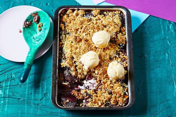 Ruby pear, white chocolate & macadamia crumble