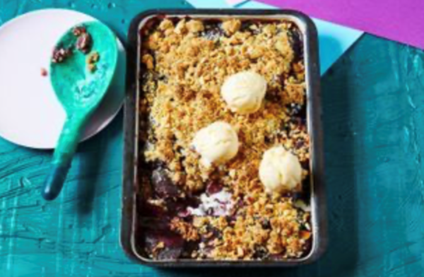 Ruby pear, white chocolate and macadamia crumble