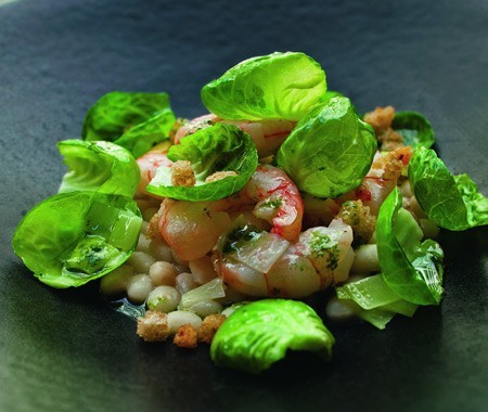 Ruby red shrimp with white beans and kale salsa verde