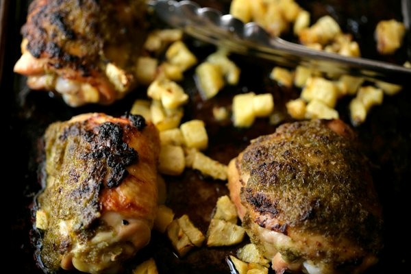 Rum and chili roasted chicken thighs with pineapple