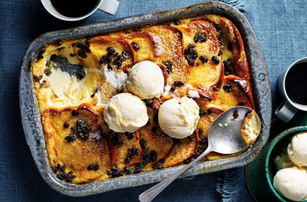 Rum and raisin bread and butter pudding