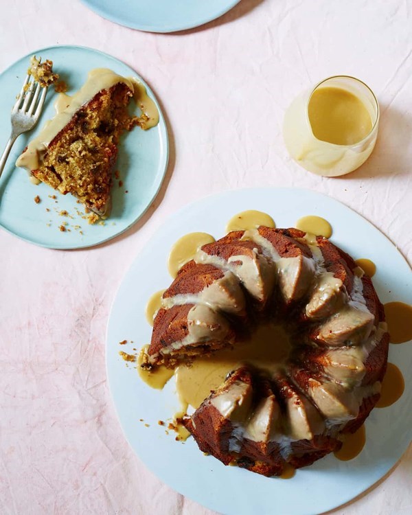 Rum and raisin cake with rum caramel icing