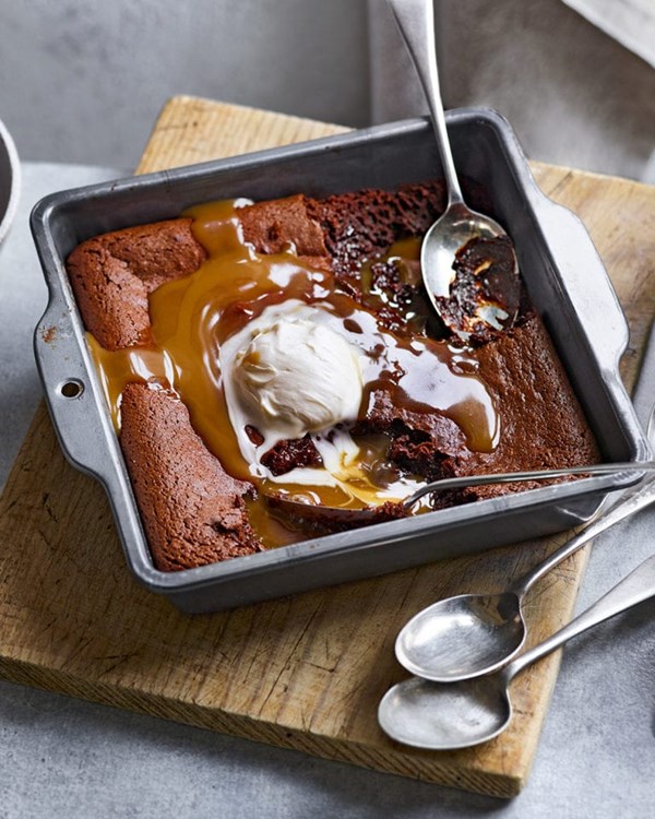 Rum and salted caramel brownie pudding