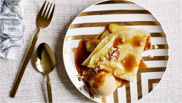 Rum banana crepes with caramel ice cream and rum caramel sauce