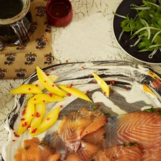 Rum, chilli & brown-sugar cured salmon with quick pickled mango