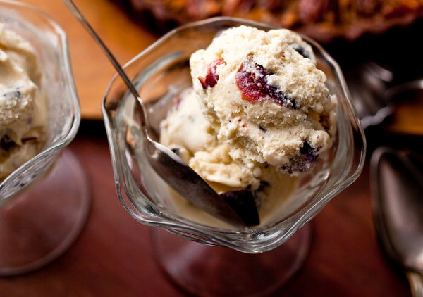 Rum cranberry ice cream with walnuts and chocolate chunks