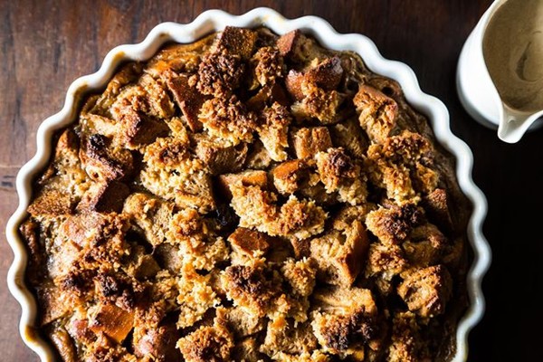 Rum glazed coconut bread pudding