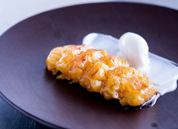 Rum-poached pineapple with coconut lime sorbet