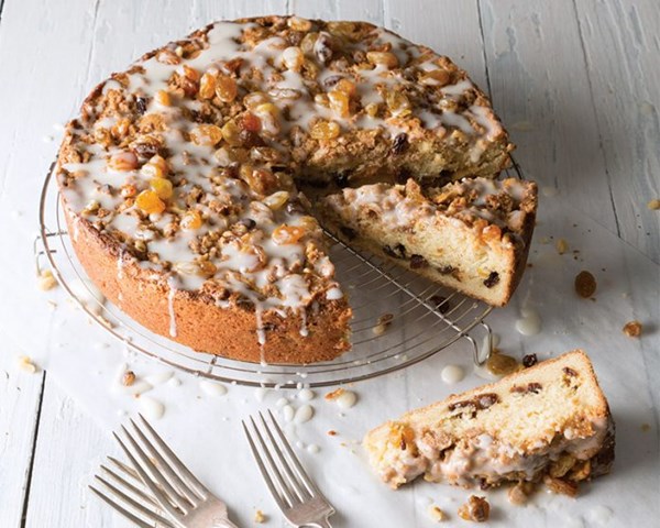 Rum raisin coffee cake [spiced rum raisins, cinnamon-walnut crumble, rum glaze]