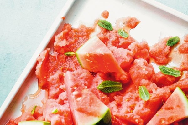 Rum-soaked watermelon with watermelon granita