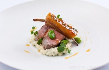 Rump and rib of lamb with wild garlic risotto and fava beans