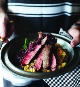 Rump steak on swede and parsnip mash with beetroot salsa