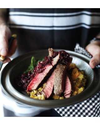 Rump steak on swede and parsnip mash with beetroot salsa