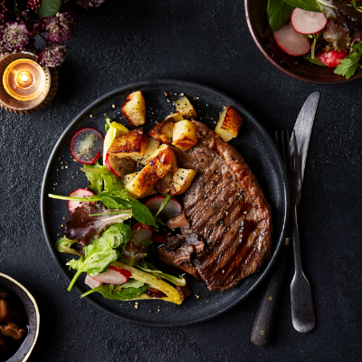 Rump steak with soy dressing and crispy potatoes