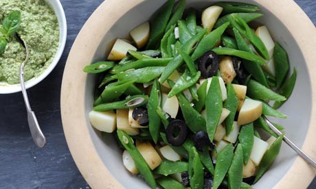 Runner bean and potato salad with dairy-free, nut-free pesto