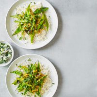 Runner bean and shallot curry with raita