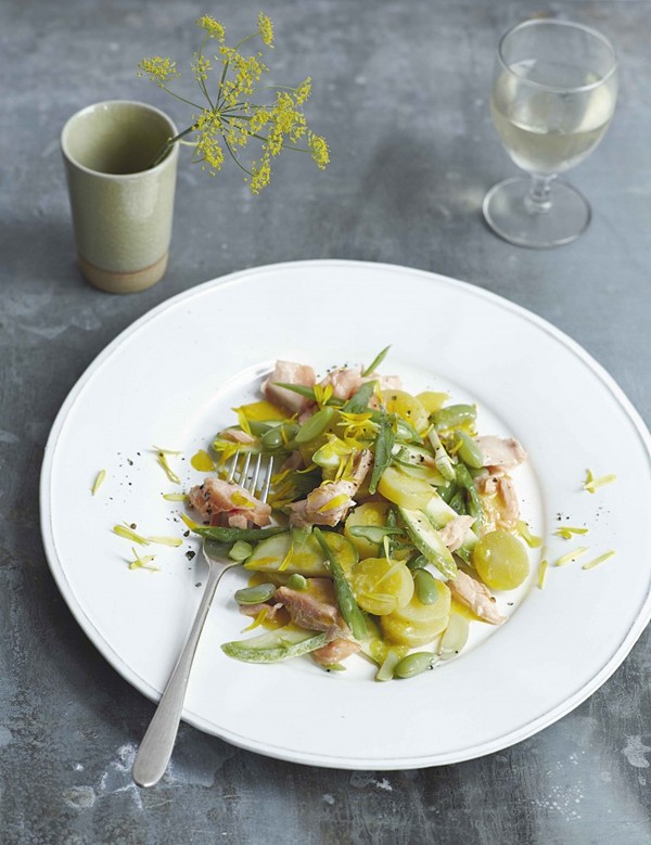 Runner bean, new potato, courgette and lightly smoked salmon salad