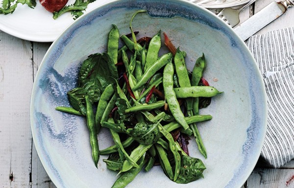 Runner beans with Swiss chard stems and basil