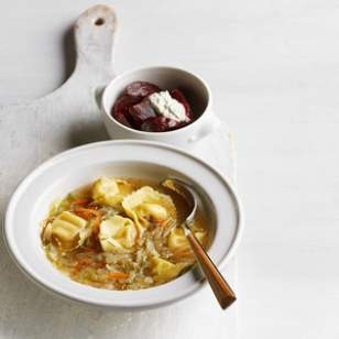 Russian tortellini soup & quick beet salad