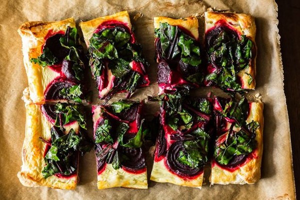 Rustic beet tart and wilted greens