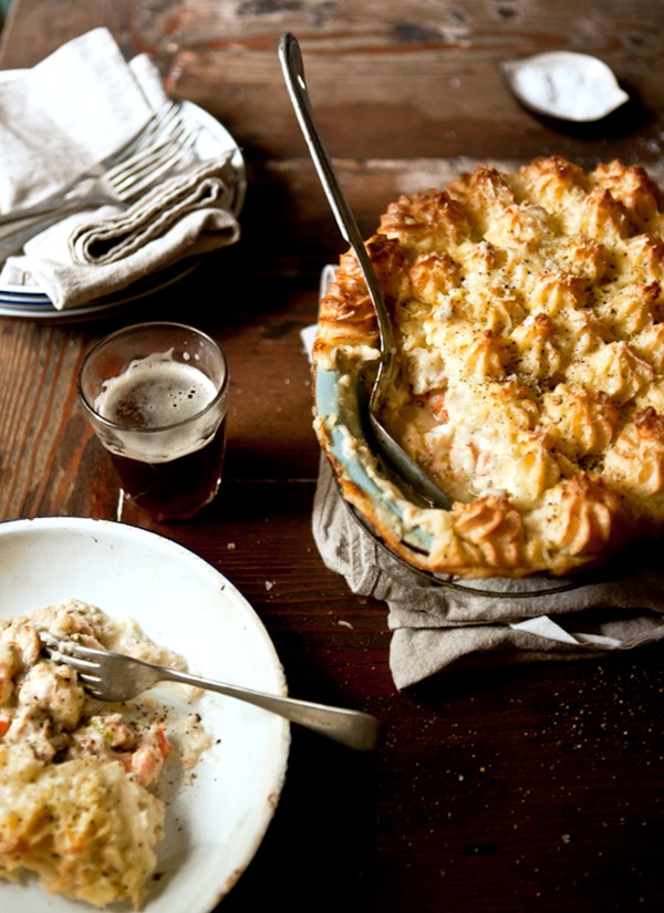 Rustic blue-eye and prawn pie with cheesy mash topping
