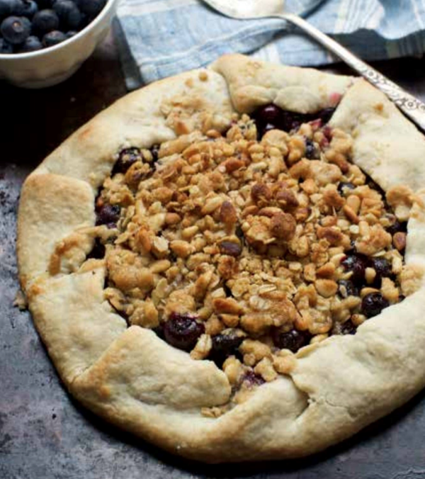 Rustic blueberry tart with pine nut crumble topping