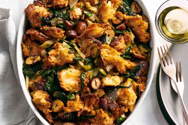 Rustic bread stuffing with Swiss chard and chestnuts