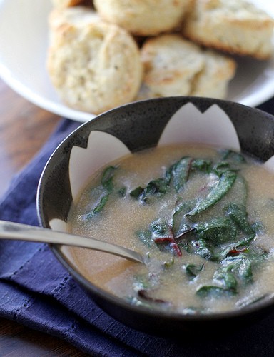 Rustic cornmeal Swiss chard soup