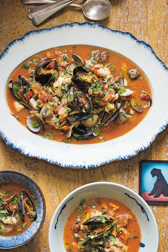 Rustic fish stew of cod cheeks, fennel, mussels & clams