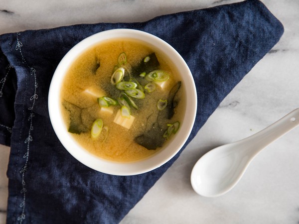 Rustic miso soup with tofu and seawood