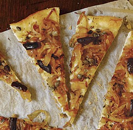 Rustic onion tart with olives, capers, and anchovies