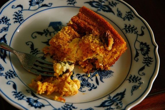 Rustic polenta cake with ricotta and prune filling