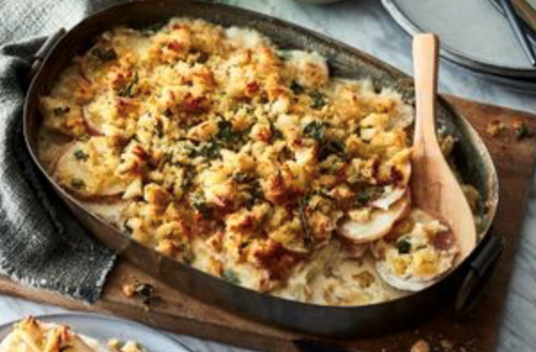 Rustic potato bake with crunchy saltbush crumbs