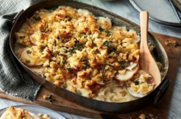Rustic potato bake with crunchy saltbush crumb