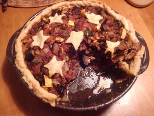 Rustic ratatouille and sausage baked in a Stilton crust