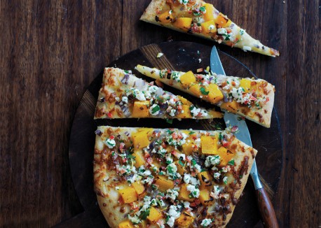 Rustic squash pizza with goat cheese gremolata