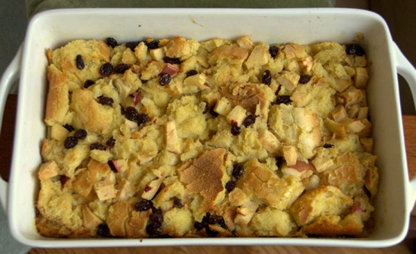 Rustic vanilla apple bread pudding with caramel whiskey sauce