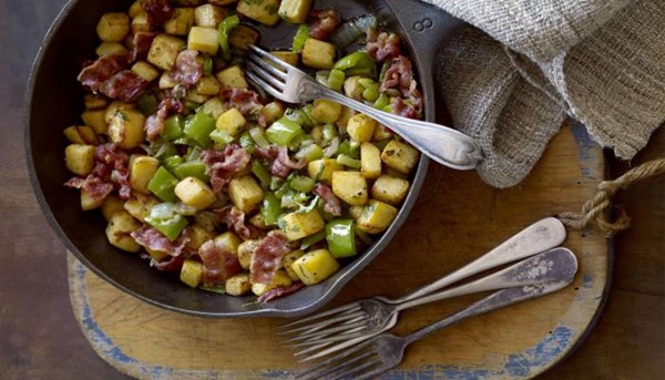 Rutabaga hash with onions and crisp bacon