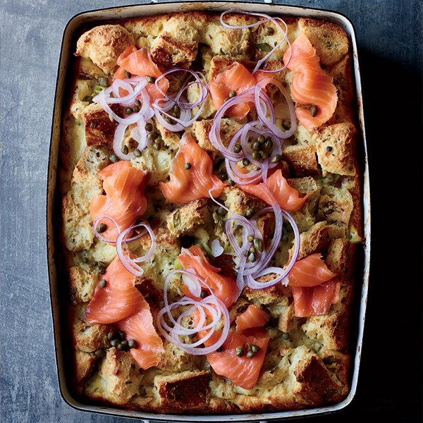 Rye and crème fraîche strata with smoked salmon