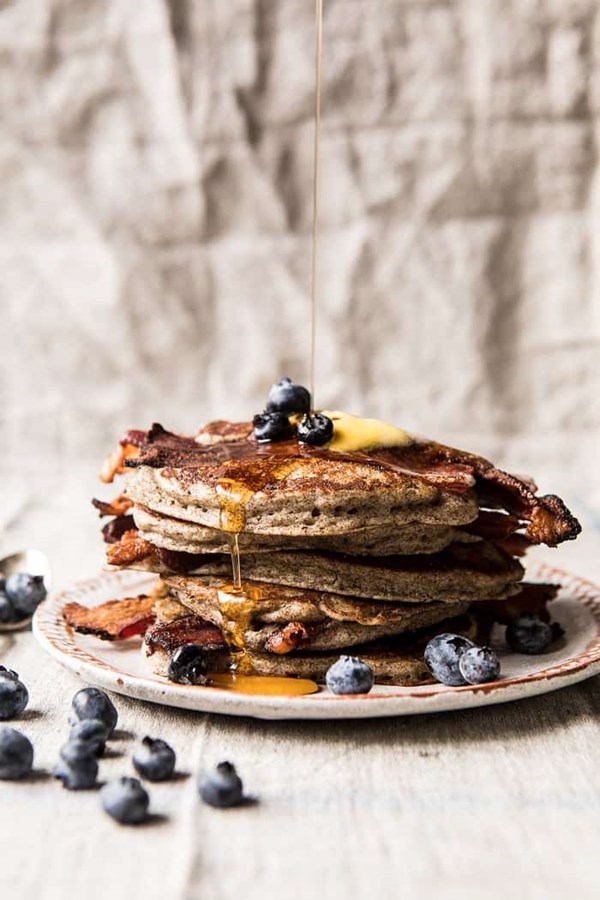 Rye bacon pancakes with blueberries