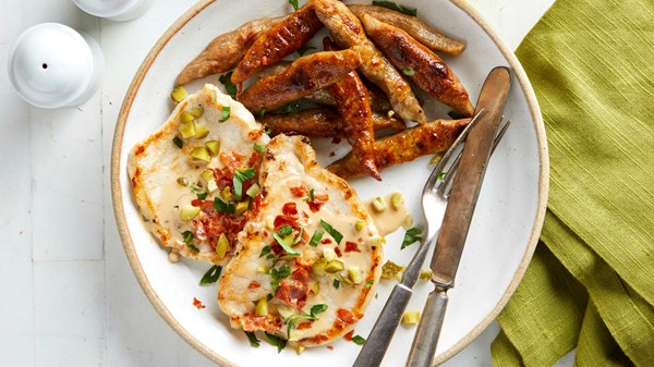 Rye-caraway schupfnudeln with seared pork and Dijon cream sauce