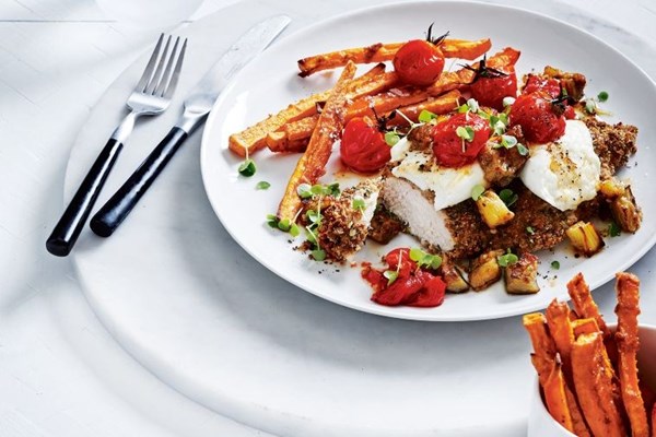 Rye chicken Parmigiana with sweet potato fries