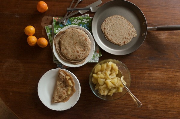 Rye crepes and apple cardamom compote