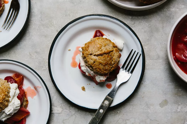 Rye shortcakes with roasted strawberries and rhubarb