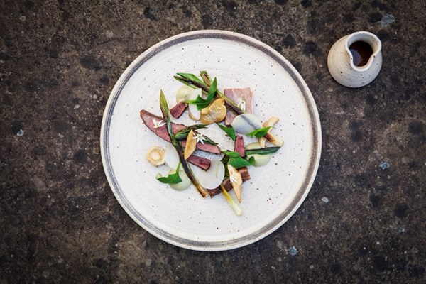 Ryeland lamb with young leeks, elephant garlic, St George mushrooms and orache